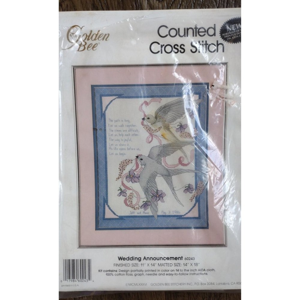 Vintage Golden Bee Counted Cross Stitch Kit "Wedding Announcement" Doves 11 X 14